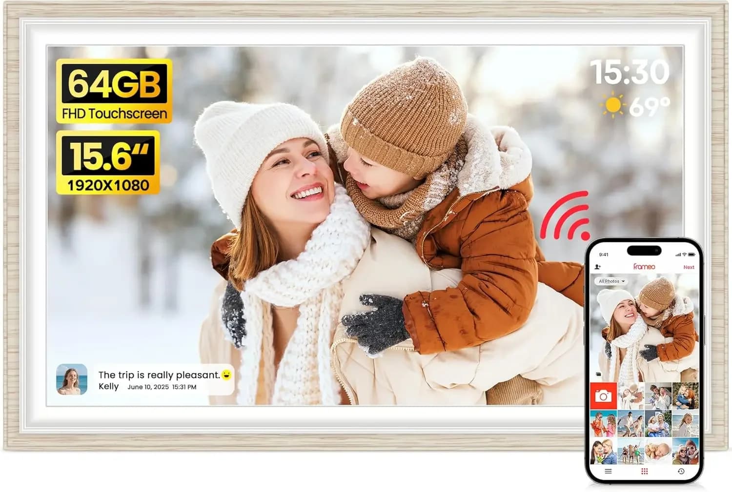 Cornice digitale Frameo da 64 GB, 15,6 pollici, grande schermo touch IPS FHD 1920 x 1080, cornici elettroniche WiFi per condividere momenti istantaneamente