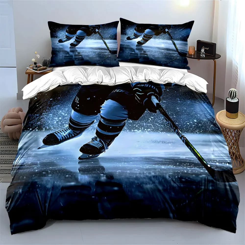 Set di biancheria da letto con stampa del momenti intenso di un giocatore di hockey su ghiaccio, morbido e confortevole, include 1 copripiumino e 2 federe.
