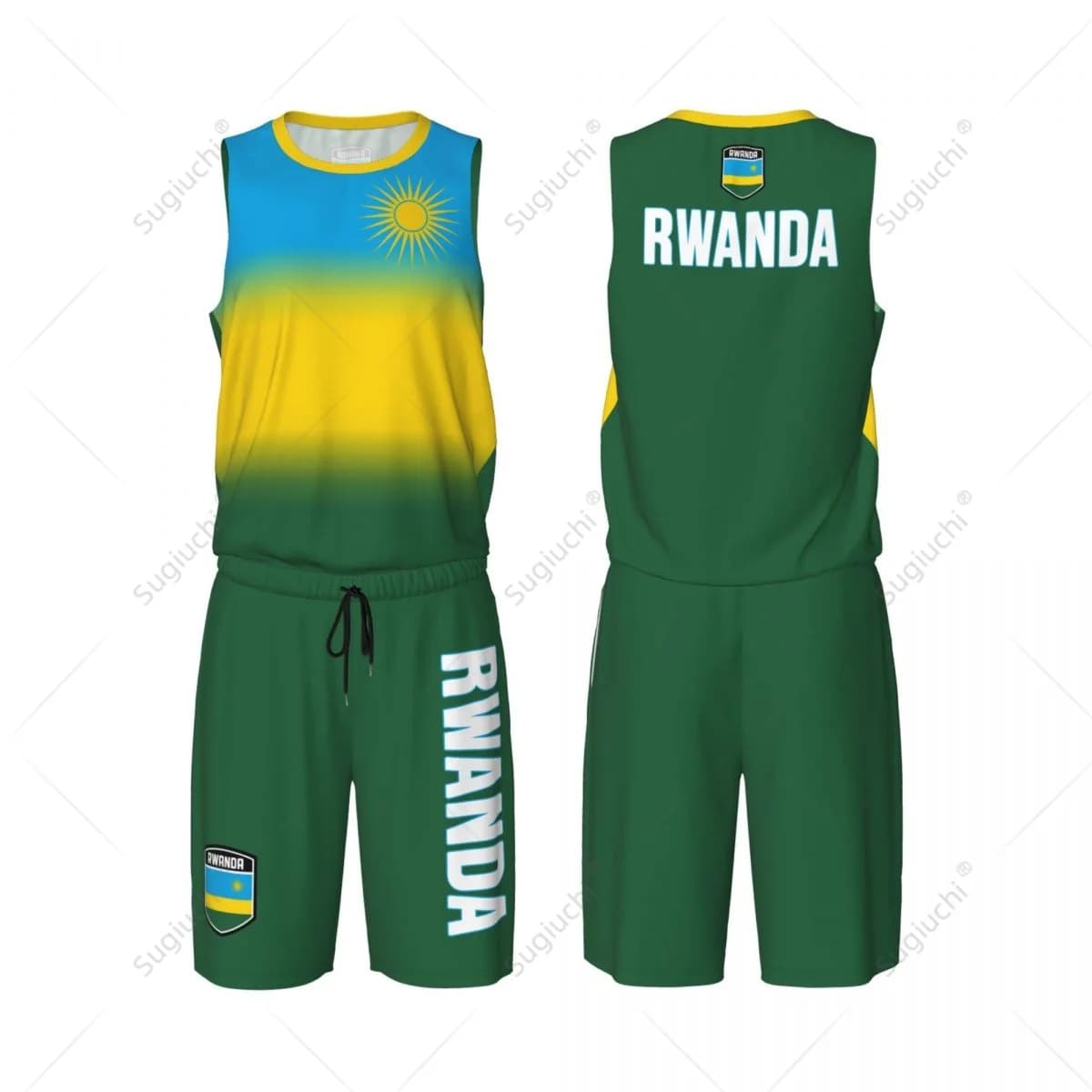 Set di maglie da basket con bandiera del Ruanda per uomo, maglia e pantaloni in rete, senza maniche, esclusivo, personalizzabile con nome e numero, unisex
