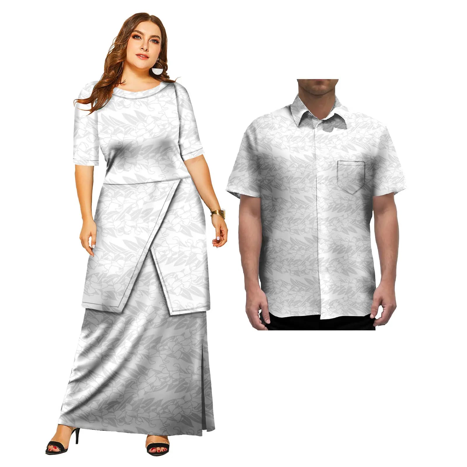 New Design Couple Clothing Polynesian Elei Tribal Design Custom White Church Women Long Puletasi Dress Matching Men Shirts
