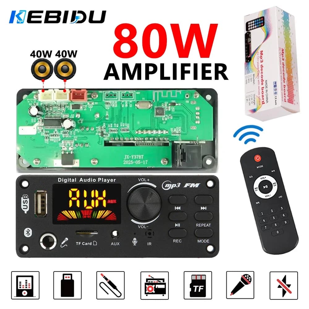 KEBIDU 80W Amplifier Bluetooth MP3 Decoder Board DIY Home MP3 Player Car FM Radio Music Module USB Mic Record Call For Speaker
