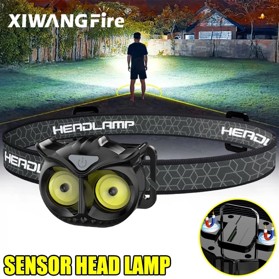 Lampada frontale Gufo COB Tipo-C Faro ricaricabile Lampada da caccia rotante portatile Magnete Torcia frontale a LED Lampada da testa da pesca