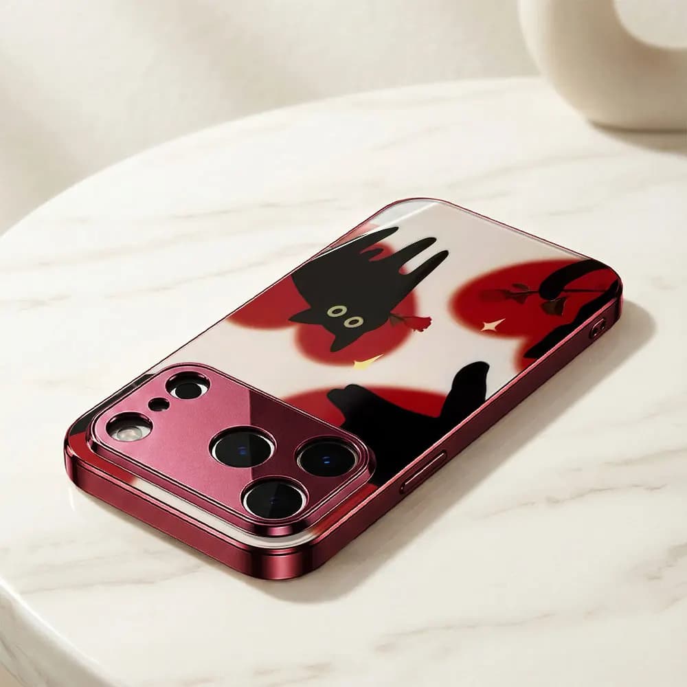 ECOCASE Phone Case For iPhone 17 16 15 14 13 12 11 Pro Max 16E Red Electroplated glass shell Romantic Black Cat Hearts Cover