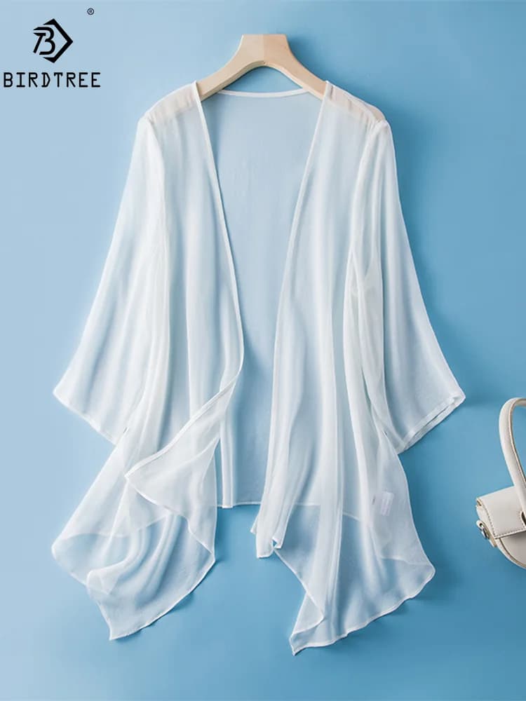 Winshter, Cardigan con protezione solare in seta naturale al 100%, Crepe a maniche corte da donna, Top sottile da spiaggia elegante, autunno estate 2024 T46023QM