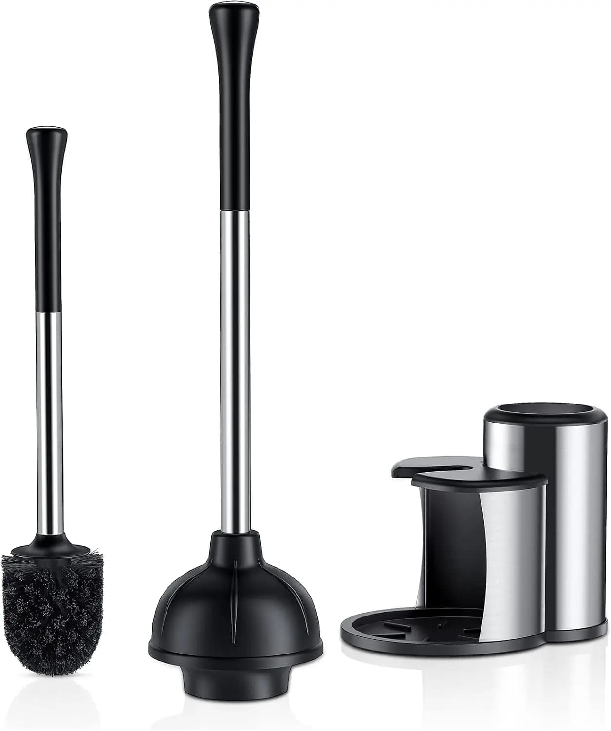 Set 2-in-1 di sturalavandini e spazzola per WC in acciaio inossidabile con supporto - Combo detergente per bagno resistente, accessori moderni a scomparsa