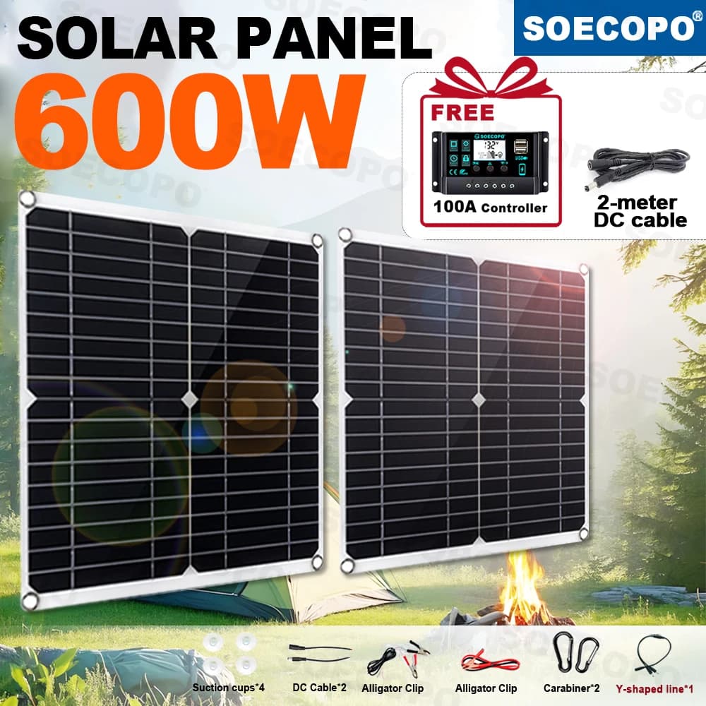 SOECOPO 600W With A FREE 100A Controller Portable Solar Panel Kit 2*300W Solar Panels DC 18V USB 5V Output Comes Camping Phone