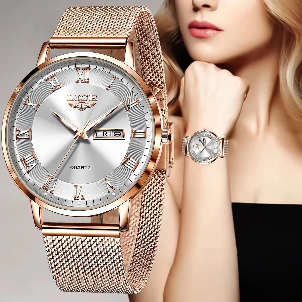 LIGE Orologio da donna alla moda Orologio da donna in maglia ultrasottile di lusso delle migliori marche per le donne Cronografo sportivo casual al quarzo con data Feminino