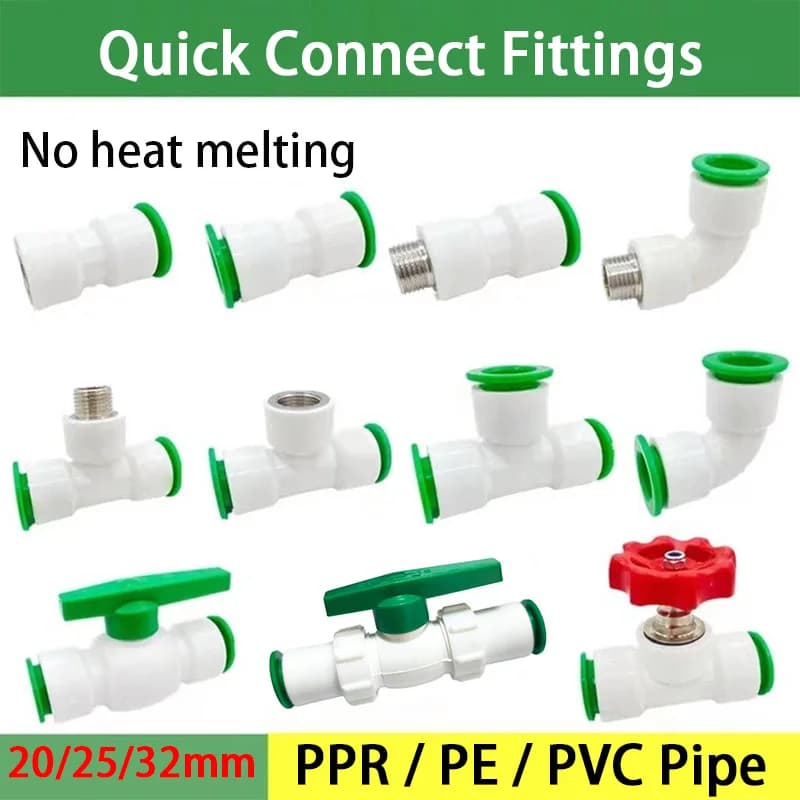 PE PVC PPR Water Pipe Push Fit Quick Connect Fittings 20 25 32mm No Heat Fusion Water Pipe Connectors Straight/Elbow/Tee/Valve