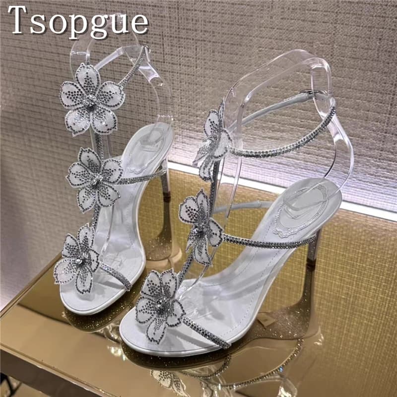 Women's Sparkling Crystal Chain Flower Sandals Summer New Style Fairy Toe High Heels Bridesmaid Shoes For Luxury Party