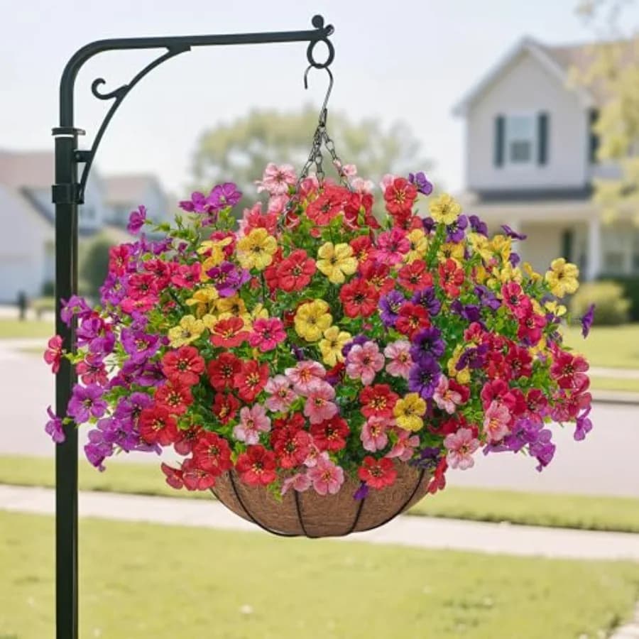 Piante Artificiali Pendenti in Cesto per Decorazioni Esterne Primavera Estate, Fioriere Sospese con Fiori di Seta Finti Resistenti ai Raggi UV