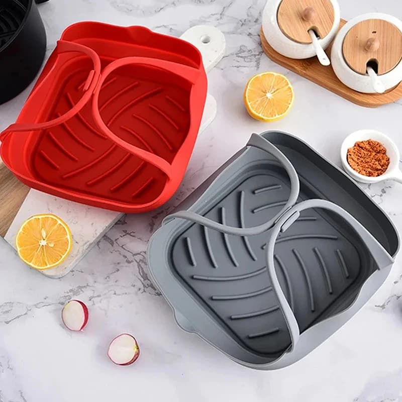 1 Pezzi 20 centimetri Friggitrice Ad Aria Cestino In Silicone Vassoio Pentola Con Manico 8 pollici Piazza Airfryer Stampo Da Forno Liner Pieghevole Stoviglie All'aperto