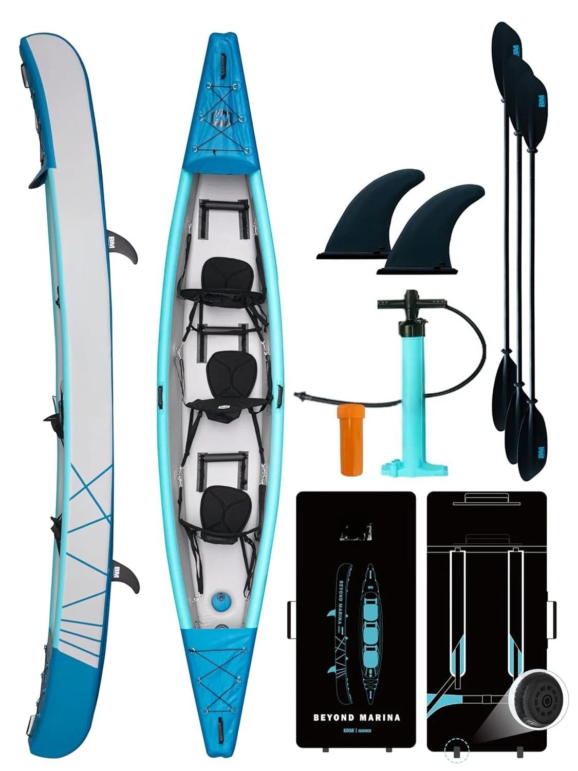 Kayak Gonfiabile per 1, 2 o 3 Persone - Kayak Completamente Gonfiabile con Pagaie in Alluminio, Sedili, Poggiapiedi, Pompa, Pinne, Personalizzabile