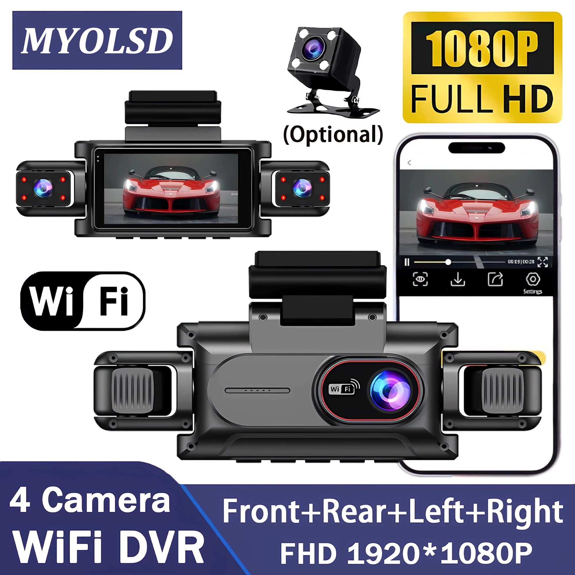 Dash Cam WiFi a 4 Obiettivi con Visione a 360 Gradi per Auto, DVR 1080P a 4 Canali, Videocamera Frontale, Registratore Video, Scatola Nera con Visione Notturna