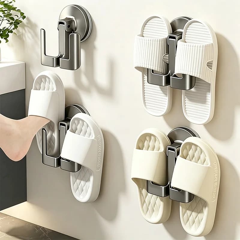 No-Drill Suction Cup Wall Mount Aluminum Bathroom Slipper Rack with Hook