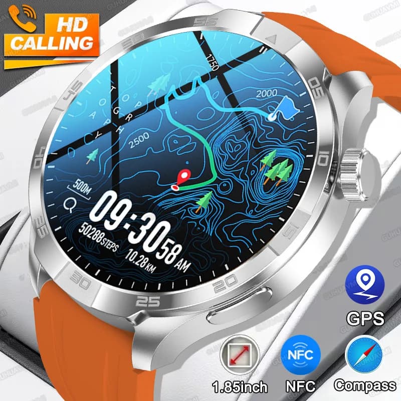 New GPS Smartwatch with 2026 Male Compass, AMOLED Screen 1.85" 360*360, NFC, BT Calls, IP68 Waterproof, Health Monitoring