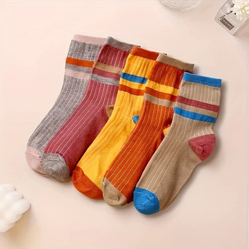 5 paia di calzini lunghi da donna color block, calzini lunghi ispessiti e caldi | Nuovi arrivi autunno/inverno/calzini da donna caldi