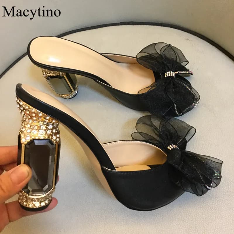 Pantofole con tacco alto da donna con fiocco in rete pantofole con tacco alto e punta tonda pantofole con tacco alto per feste di moda