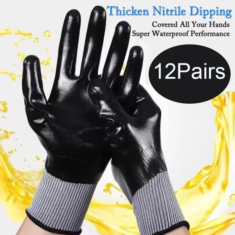 12 paia antiscivolo blu/nero nitrile pesca riparazione rivestito impermeabile olio di sicurezza/resistente per guanti da lavoro in acqua da giardino