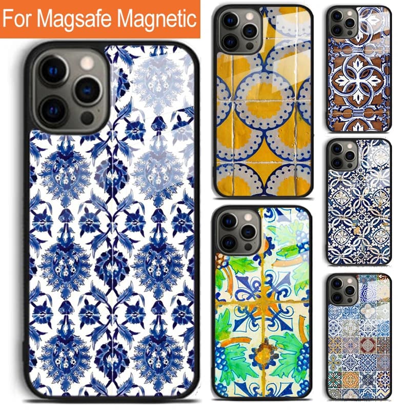 Cover per iPhone 17 Air 16 15 14 12 Pro Max Plus con Motivo Piastrelle Portoghesi, Compatibile con Ricarica Wireless Magnetica Magsafe