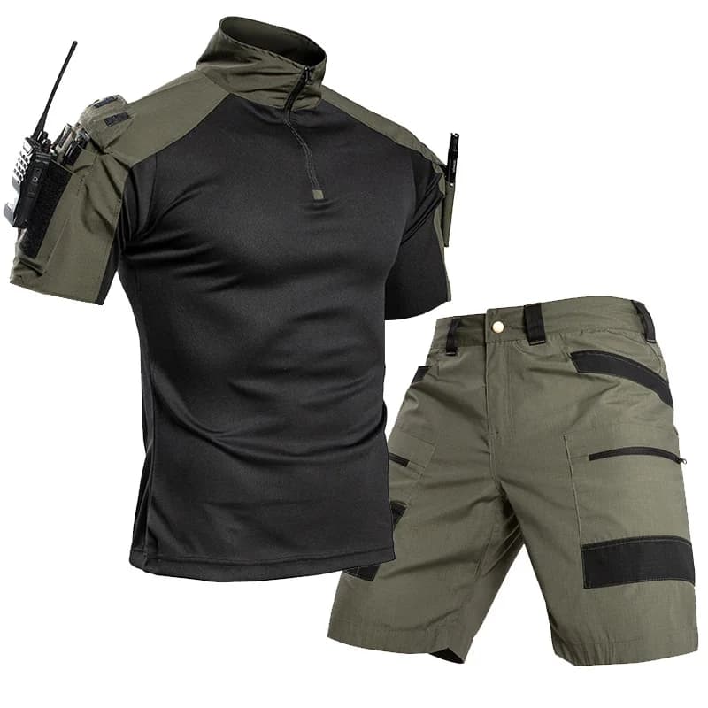Set di Magliette Tattiche a Rapida Asciugatura per Uomo, T-shirt con Mezza Zip e Pantaloncini Multi-Tasca per Escursionismo, Campeggio, Pesca, Abbigliamento da Lavoro Estivo