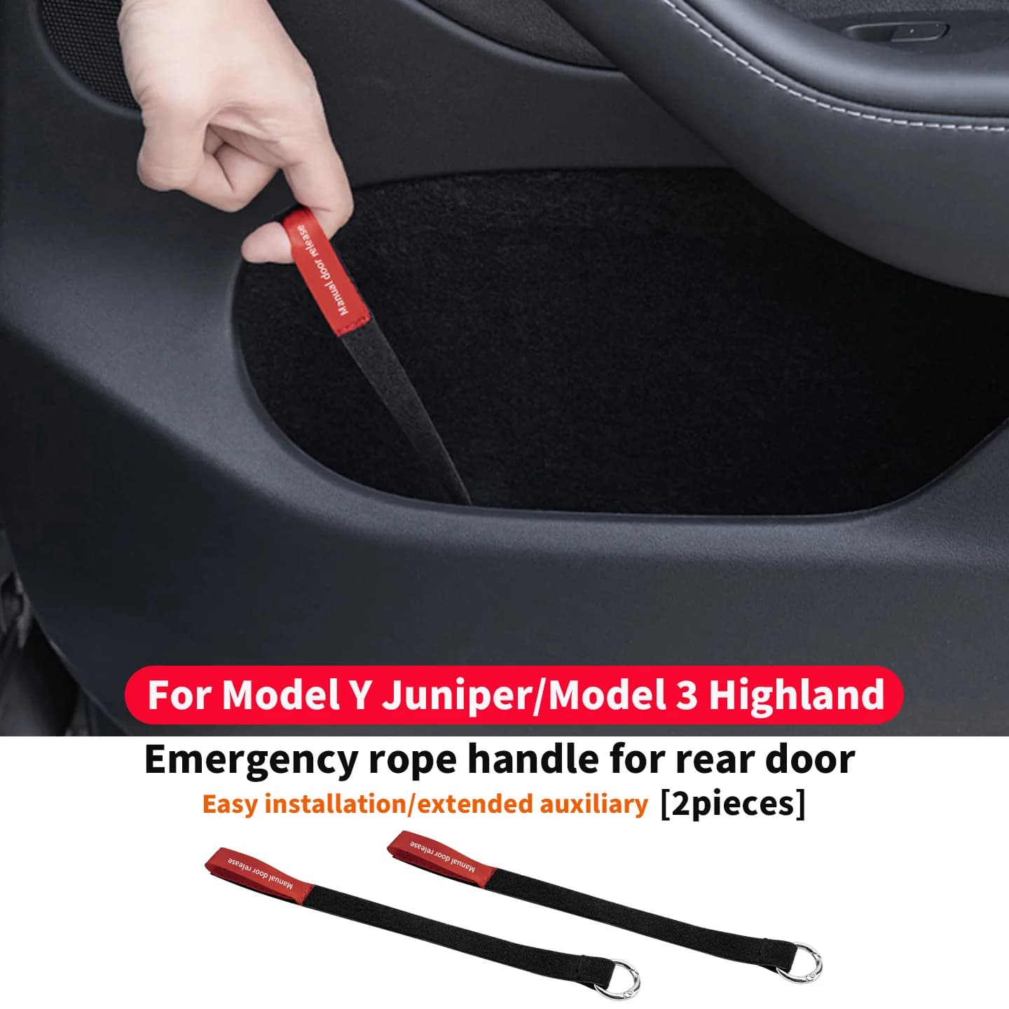 For Tesla Model Y Juniper/Model 3 Emergency Safety Corda for Highland rear door, extended auxiliary handle, 2 pieces