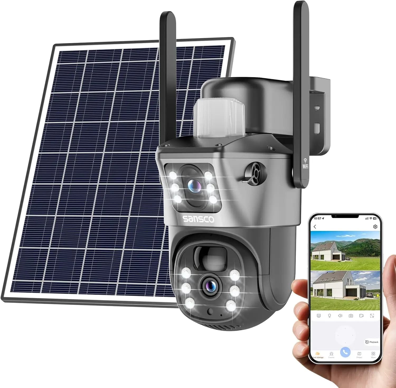 Telecamera di Sicurezza Solare Wireless 4MP, 360° ° Telecamera WiFi PTZ da Esterno con Visione Notturna e Rilevamento del Movimento