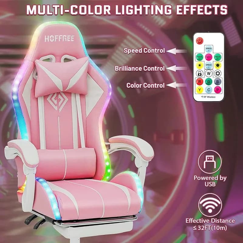 Sedia da gioco per computer rosa con altoparlanti Bluetooth e luci LED RGB per ragazze Poltrona da massaggio con poggiapiedi Video carino