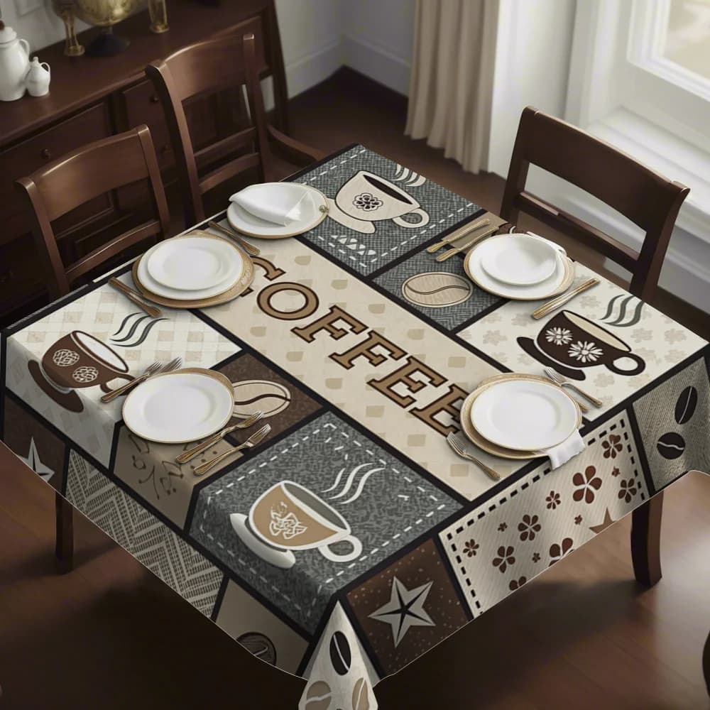 A rectangular tablecloth with a pattern featuring a coffee cup, coffee beans and the word "COFFEE" printed on it