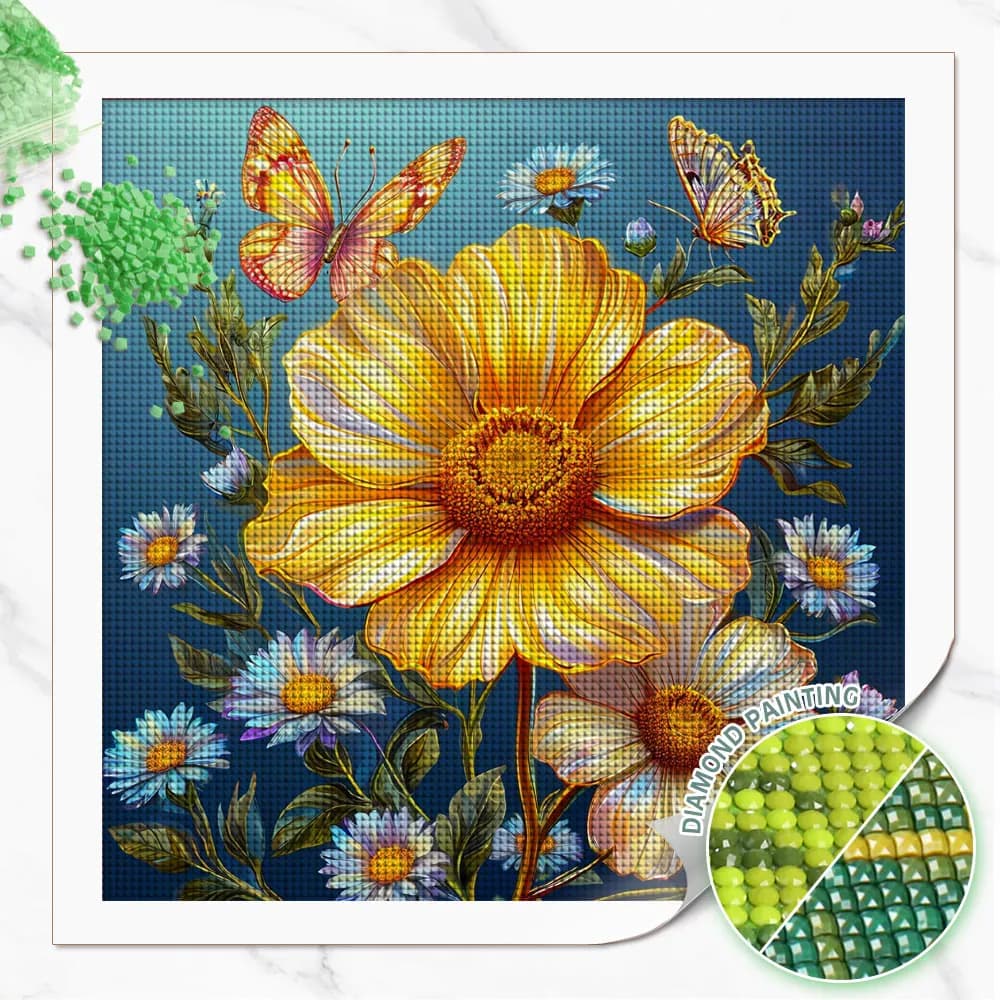 Huacan Kit Completo per Pittura Diamante 5D Fai da Te, Ricamo Diamantato Margherita e Farfalla, Quadri Decorativi con Fiori e Animali