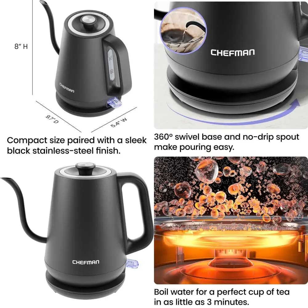 Bollitore elettrico a collo d'oca da 0,8 litri, bollitura rapida con spegnimento automatico per caffè e tè, colore nero