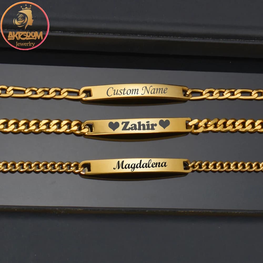 Akizoom Custom Engrave nome bracciali Punk braccialetto da Bar in acciaio inossidabile per le donne lettera personalizzata uomo bracciali regalo di gioielli