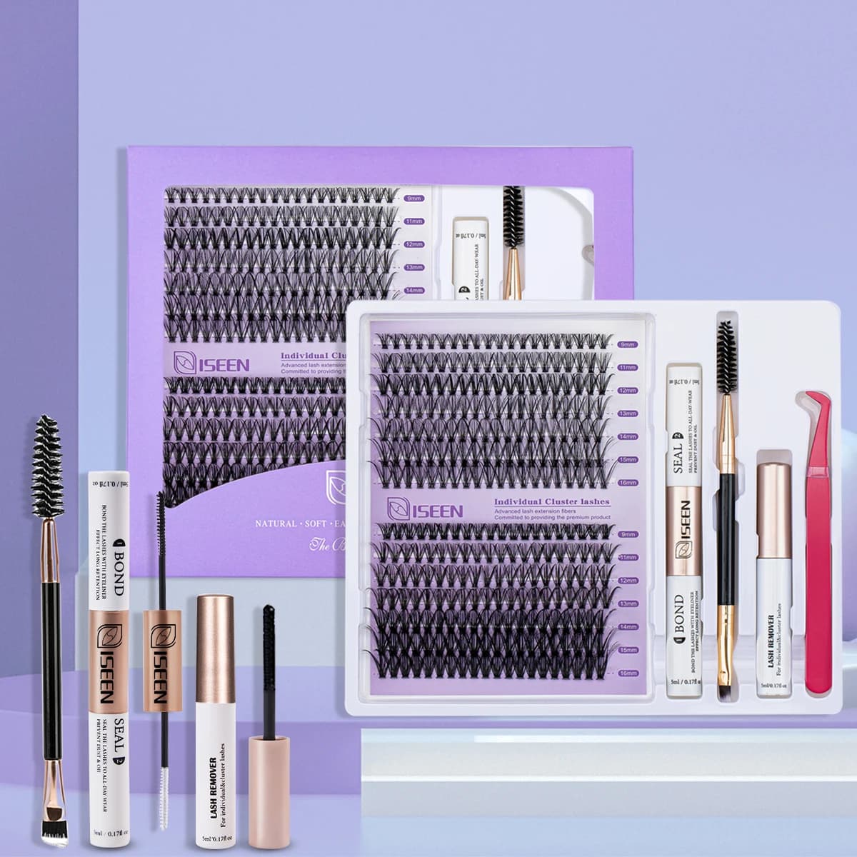 ISEEN DIY Lash Extension Mix Styles Lash Clusters Individual with Bond&Seal Remover Tweezers Lash Brush for Self Application