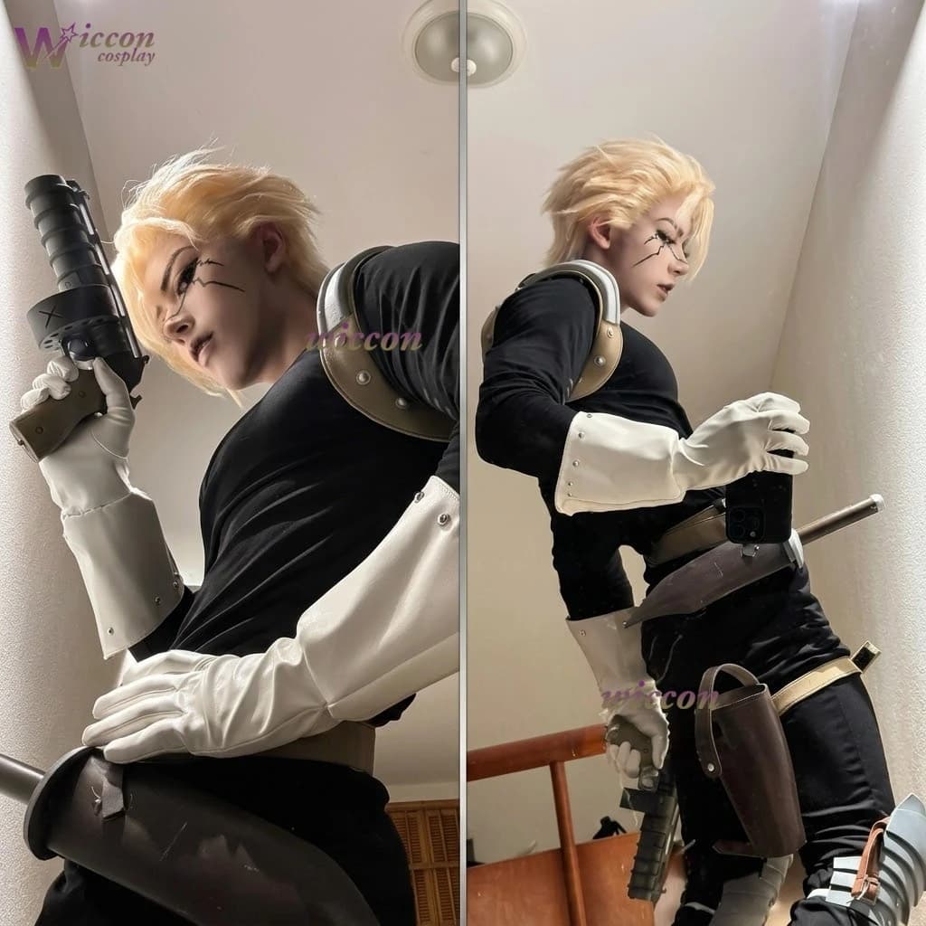Stanley Snyder Anime Punk Costume All Black Jumpsuit Bodysuit with Yellow Wig Belt Gloves Vest - Halloween Christmas Cosplay