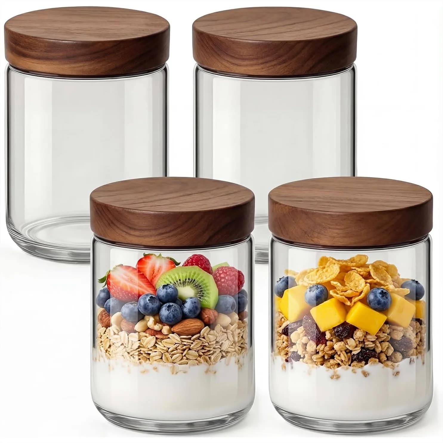 Contenitori per Overnight Oats da 16oz (4 Pezzi) con Coperchi, Barattoli in Vetro con Coperchi Ermetici in Legno di Acacia, Contenitori a Bocca Larga per Preparazione Pasti