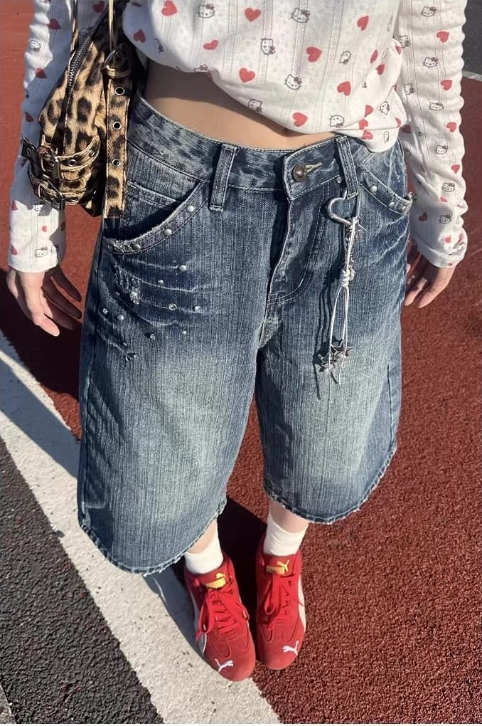 Jeans Estivi American Vintage Chic Y2K da Donna, Pantaloni Capri a Gamba Larga con Strass, Stile Casual Street, Jeans Larghi Lavati