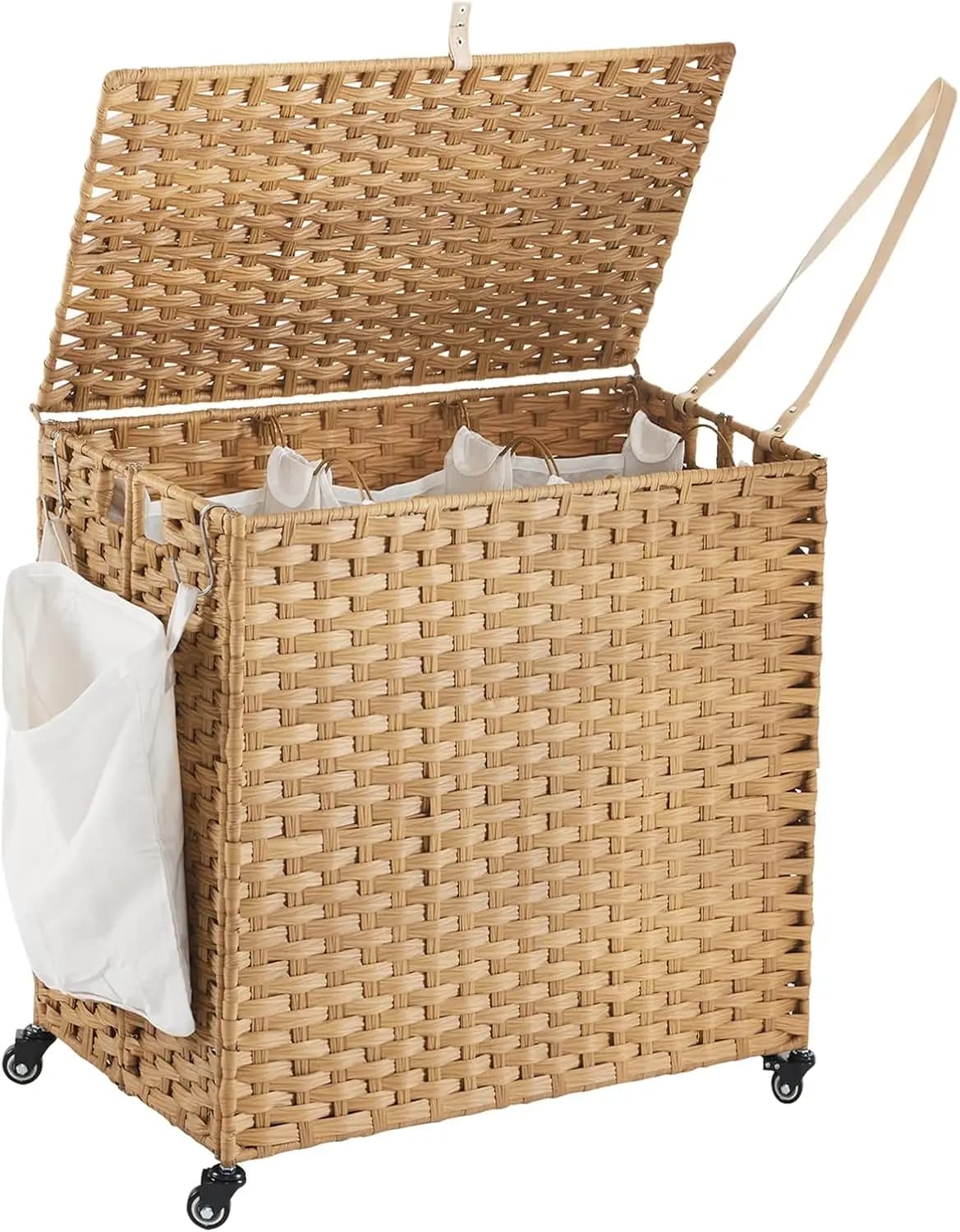 3 compartment rattan basket with removable covers and mesh bags, side pocket