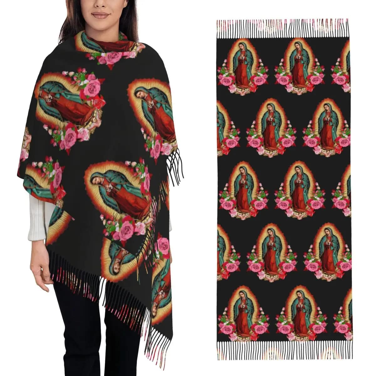 Vergine Maria di Guadalupe Messico Cattolico Santo Sciarpa Sciarpe con nappe per donna Scialli e involucri caldi Scialle lungo autunno inverno