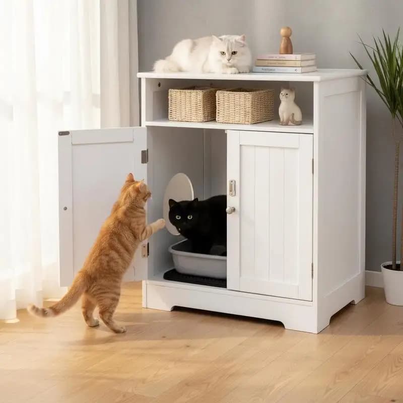 Cat Litter Box Enclosure Wooden Hidden Pet Washroom Furniture-White