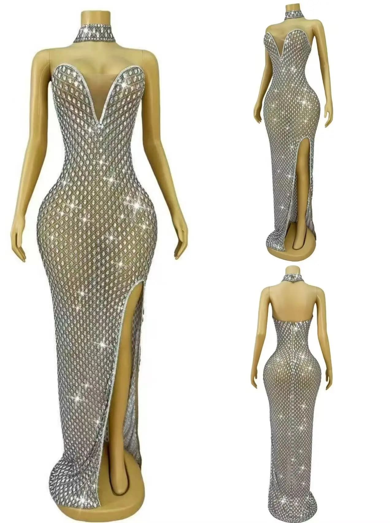 Women Birthday Celebrate Evening Prom Dress party Club Stage Costume Luxurious Full Rhinestones Mesh Transparent long dress