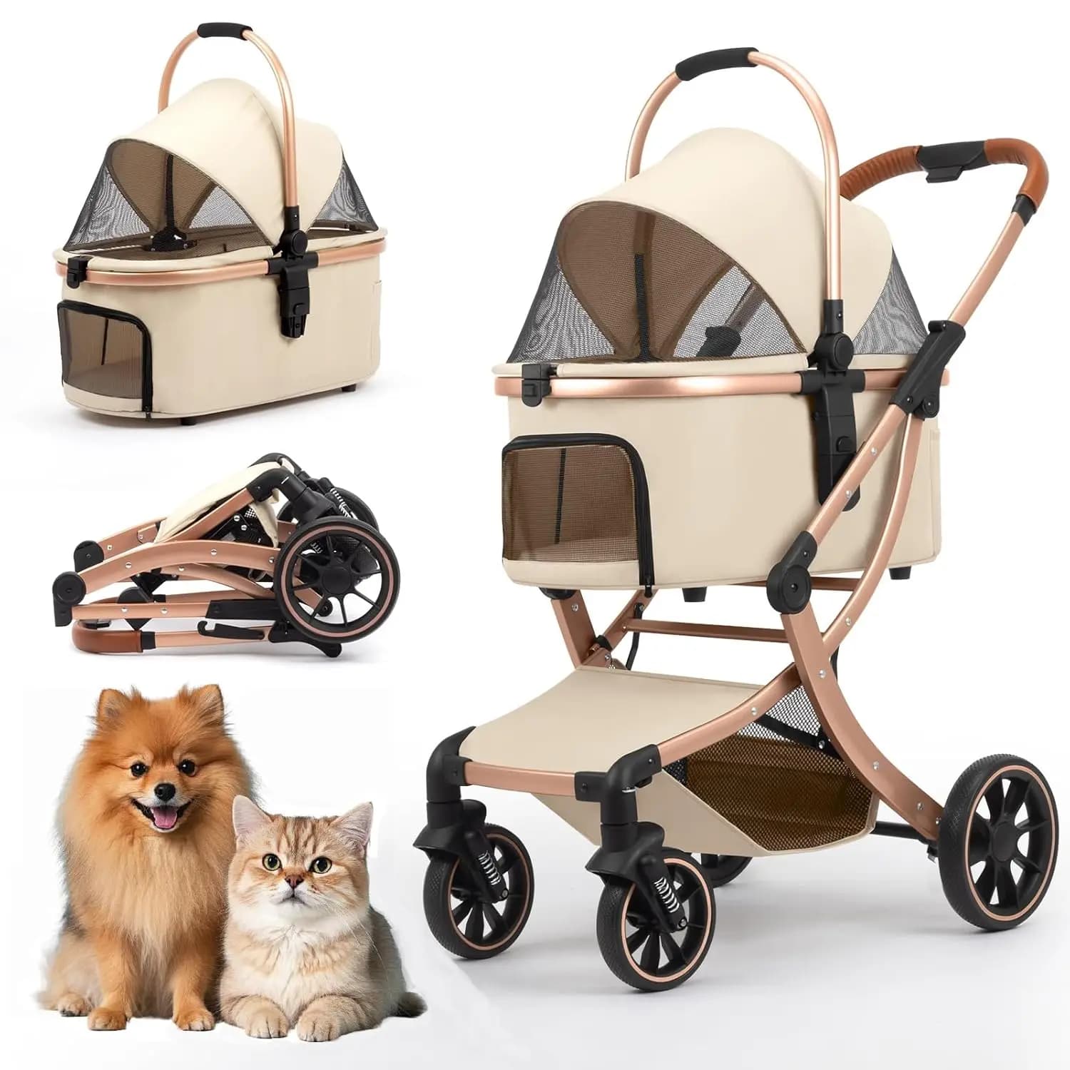 Passeggino Pieghevole 3-in-1 per Cani e Gatti con Trasportino, Cestino e Tappetino - Viaggio Sicuro (Kaki)
