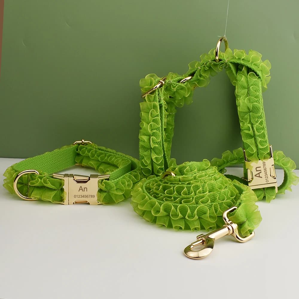 Collare per cani in pizzo verde personalizzato con incisione, pettorina nuziale personalizzata per animali domestici, accessori di lusso per cani, targhetta in pizzo 09