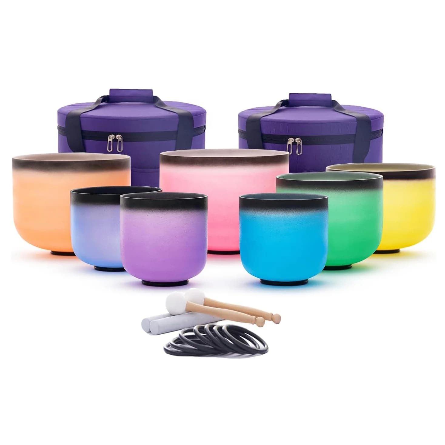 7-12 Inch 432hz Colored Design Frosted Crystal Singing Bowls Set Of 7pcs With Carrying Case For Yoga Musical Sound Healing