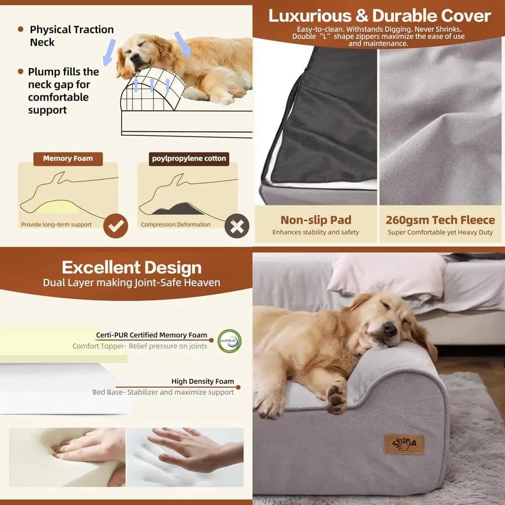 Cuccia ortopedica in memory foam per cani, 7 pollici di spessore, XL per razze di grandi dimensioni fino a 68 kg, rivestimento impermeabile, copertura lavabile, grigio