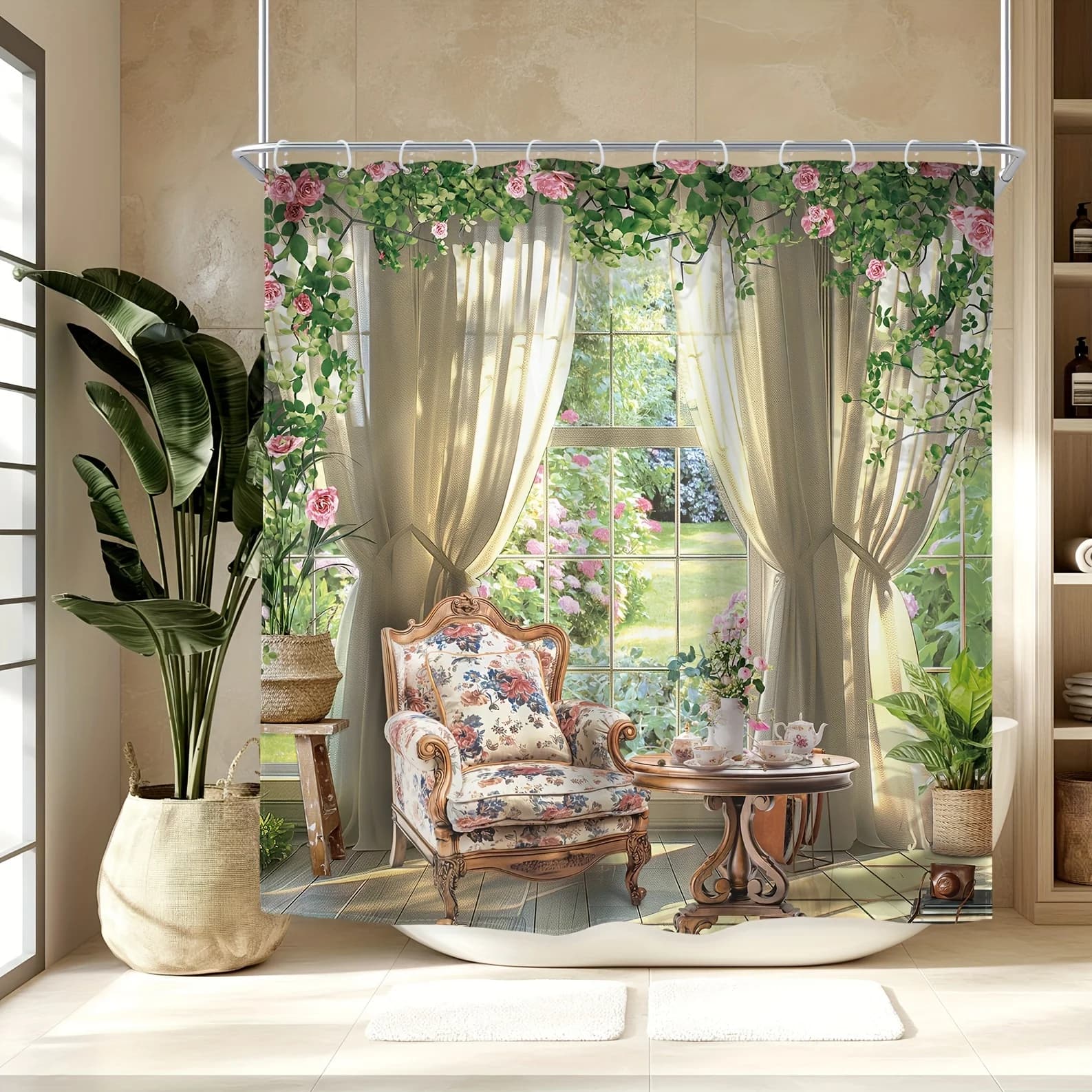 Tenda da doccia: accogliente stanza da giardino con tende floreali e mobili vintage per un arredamento da bagno rilassante ed elegante