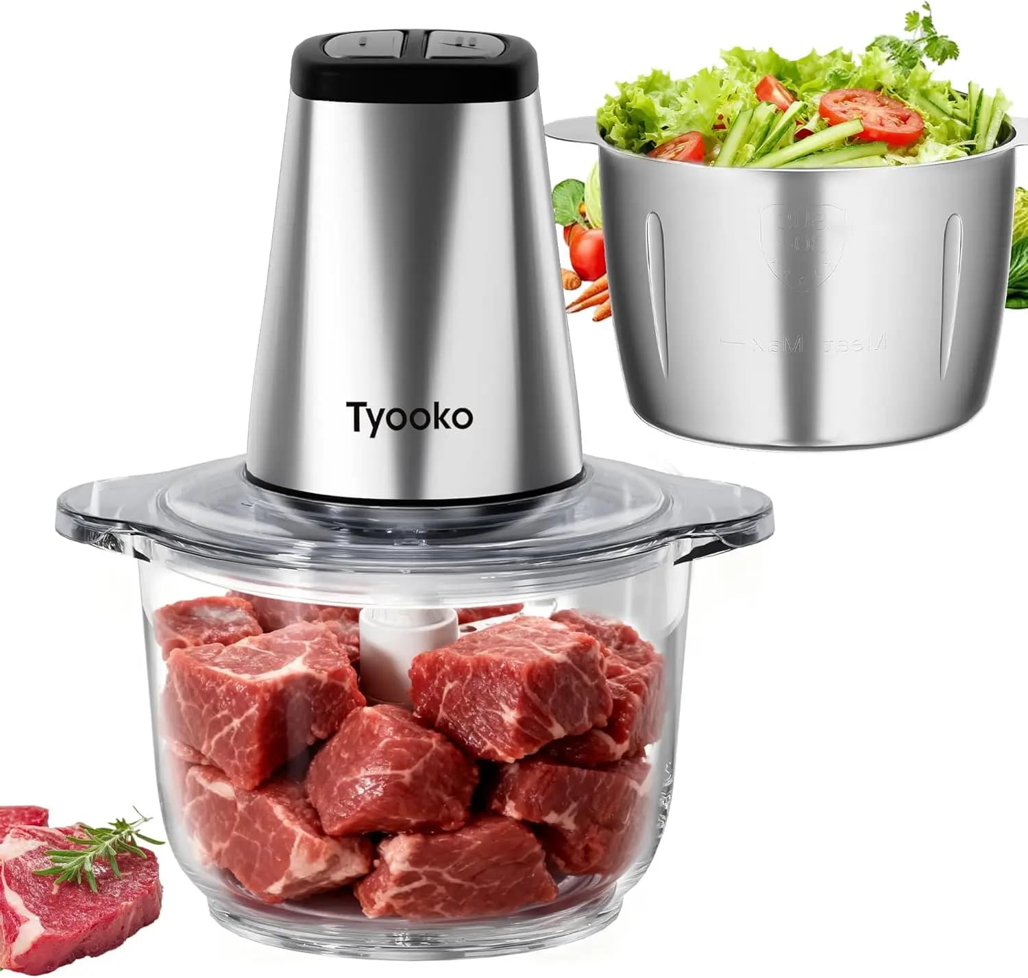 Robot da Cucina Elettrico con 2 Ciotole, Tritatutto Facile da Pulire per Frutta, Carne, Noci, Verdure, Cibo per Animali e Bambini