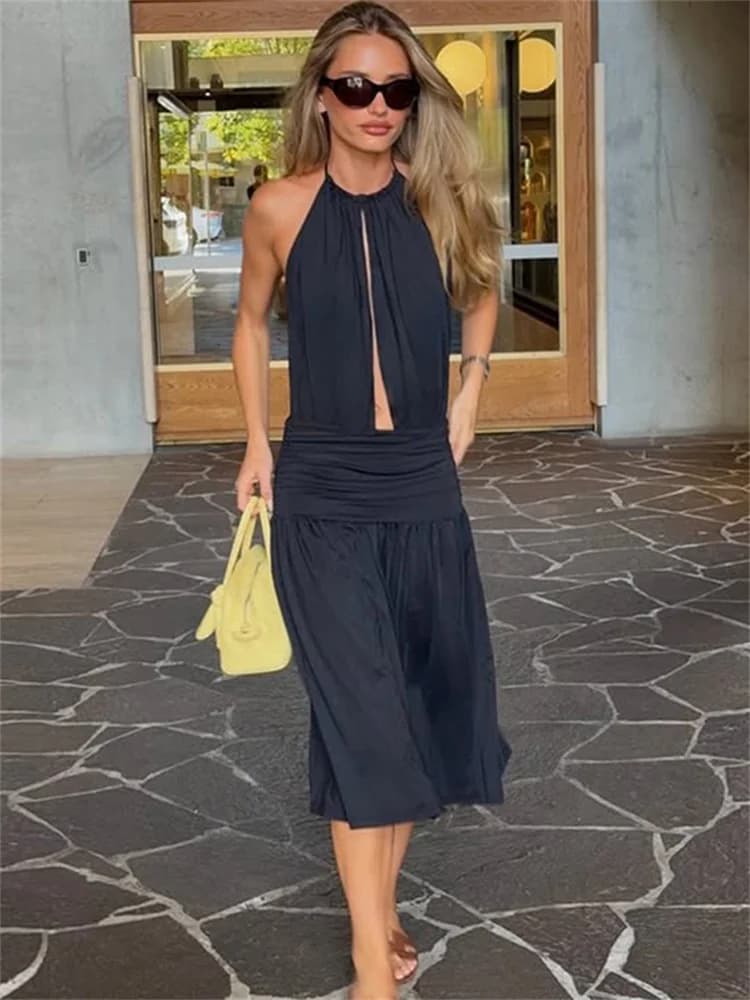 Tossy Abito lungo con lacci senza schienale con scollo a V per le donne Abito aderente estivo femminile con pieghe sexy allentato solido scavato