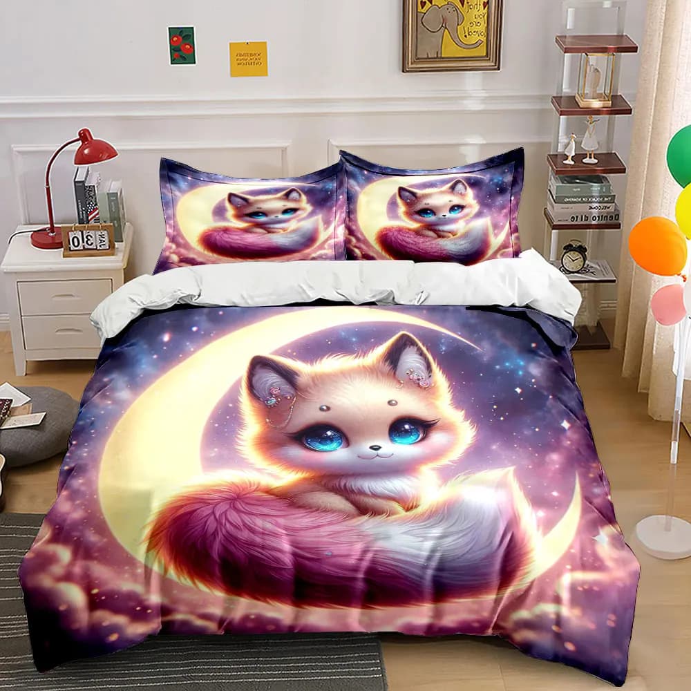 Dreamy blue-eyed fox on moon Printed Duvet Cover Set1 Duvet Cover+2 PillowcaseMulti Size Bedroom Bedding Decor Luxury gifts