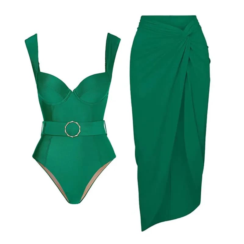Costume da Bagno Due Pezzi Verde per Donna con Gonna Lunga Stile Spiaggia - Elegante Set di Costumi da Bagno