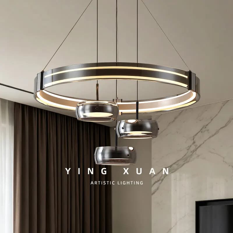 Modern Living Room Chandelier Villa Dining Room Pendant Light High Ceiling Lighting Led Double Ring Glass Hanging Chandelier