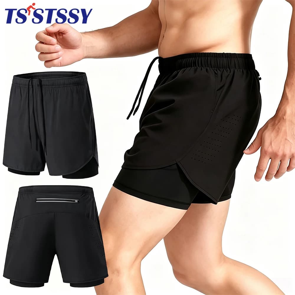 1Pcs Men Athletic Running Shorts Breathable 2-in-1 Design Compression Liner Sports Fitness Workout Shorts